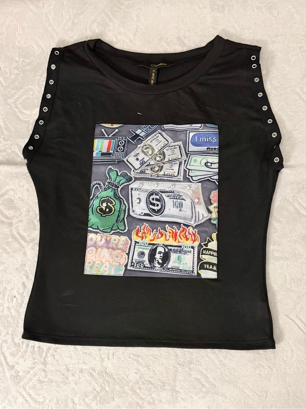 Black Graphic Eyelet-Trim Money Print Tank Top